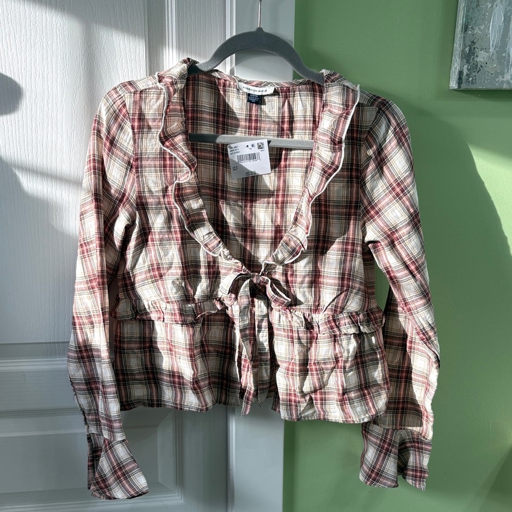 American Eagle Outfitters Pink and White Plaid Blouse